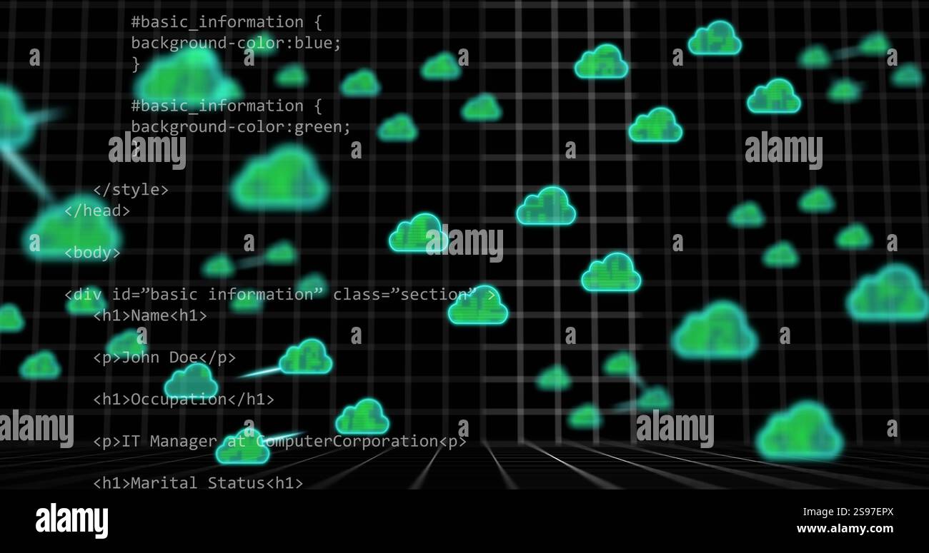 Cloud-Computing-Netzwerkbild über HTML- und CSS-Code auf Grid-Hintergrund Stockfoto