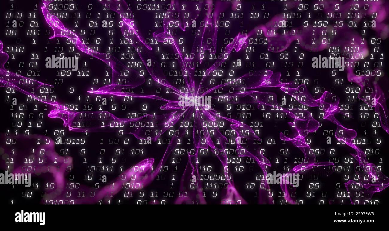 Binärcode über abstraktem violetten Fraktalbild Stockfoto