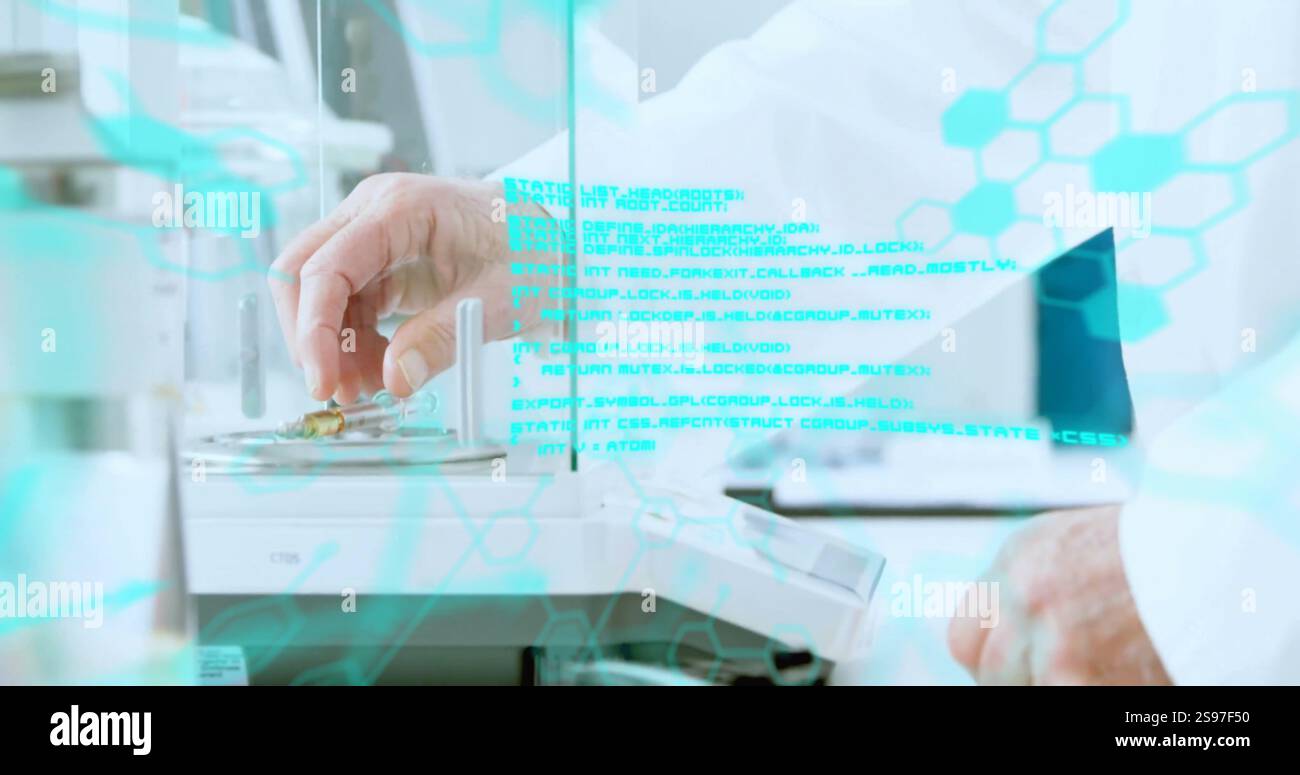 Bild der wissenschaftlichen Datenverarbeitung über kaukasischen Wissenschaftlern im Labor Stockfoto