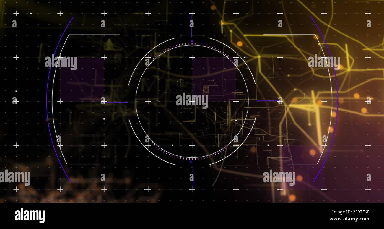 Kreisförmiges digitales Schnittstellenbild über abstraktem geometrischem Hintergrund Stockfoto