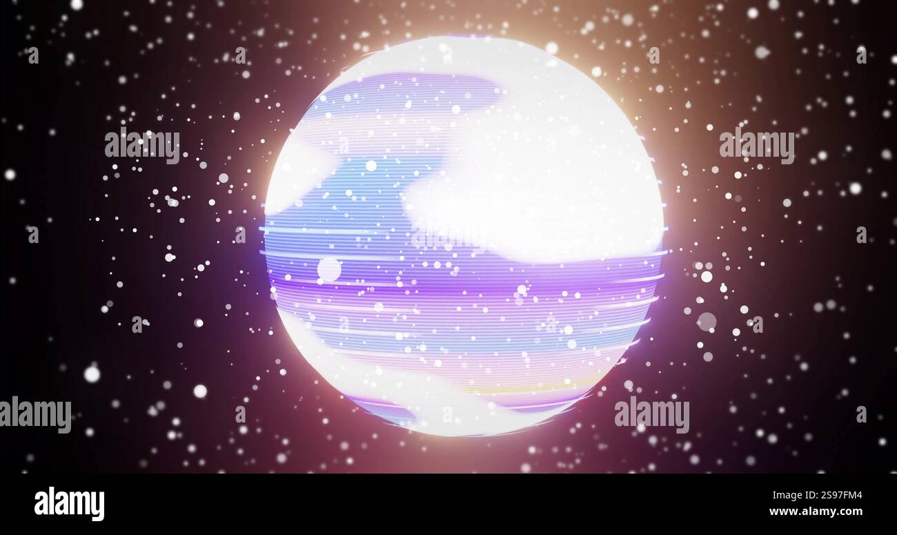 Leuchtender Planet mit horizontalen Linien und Partikeln, Raumbild Stockfoto
