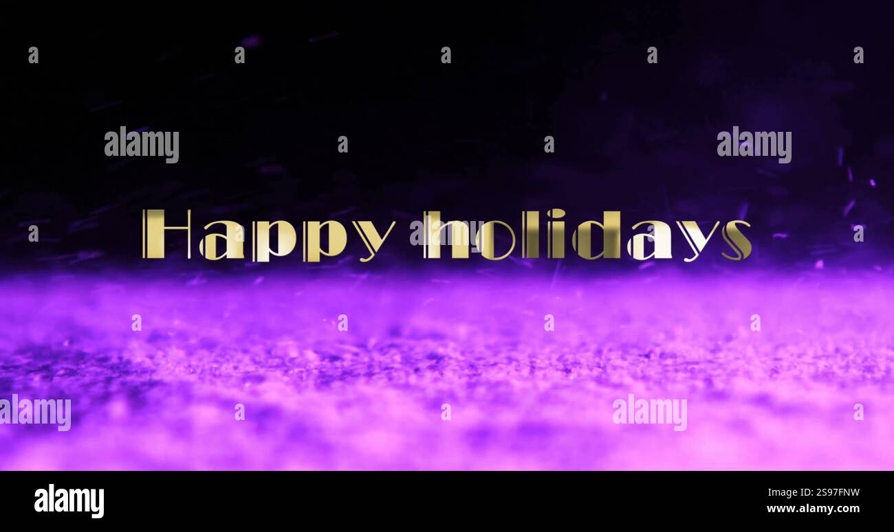 Happy Holidays Textbild über violettem Glitzer auf schwarzem Hintergrund Stockfoto