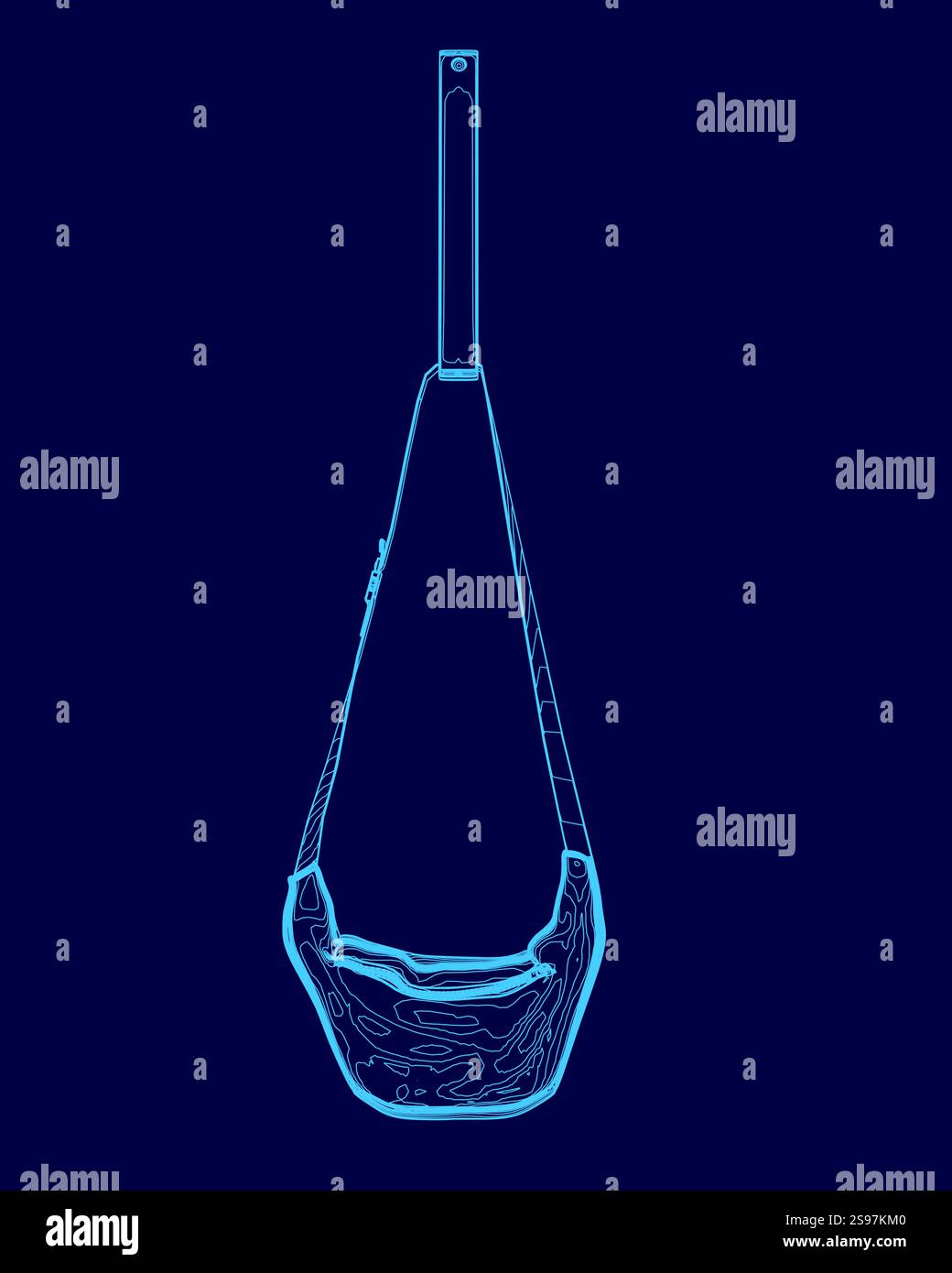 Blaue Zeichnung einer Handtasche, die an einem Haken hängt. Die Tasche besteht aus einem transparenten Material und hat einen blauen Riemen. Das Bild hat eine ruhige und ruhige Stimmung, wie das Stock Vektor