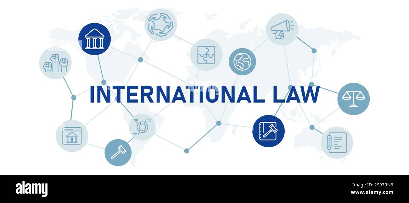 Internationales Recht Icon Set globale Verfassungsregeln Gerechtigkeit soziale Rechte Autorität Politik Regierung Netzwerk Design Umrisssammlung Stock Vektor