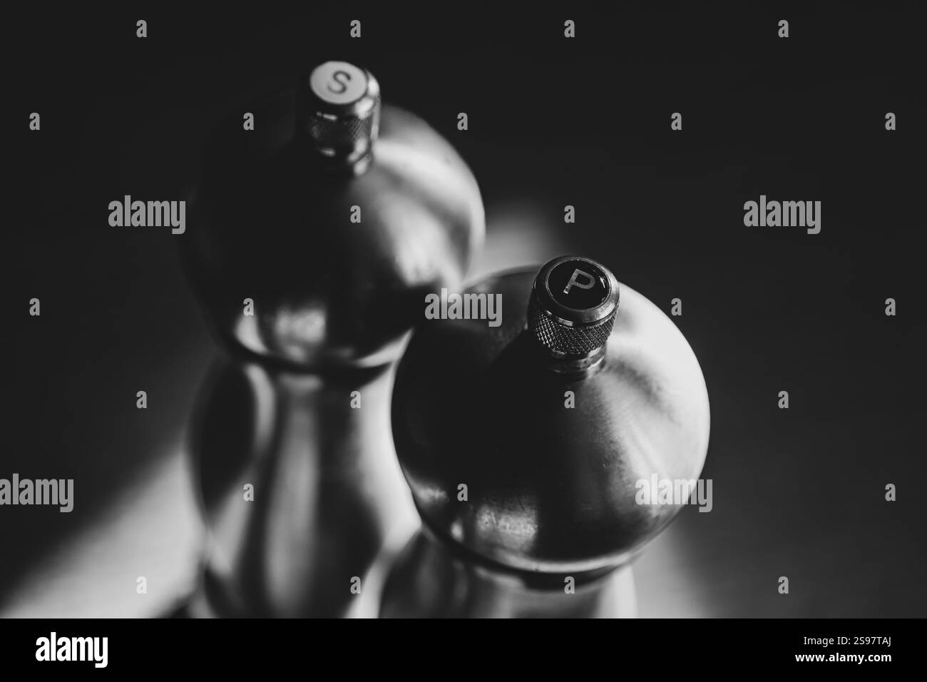 Eine schwarz-weiße Nahaufnahme von Salz- und Pfefferstreuern, die ihre metallische Oberfläche und ihr elegantes Design mit sanftem Licht zeigen. Stockfoto