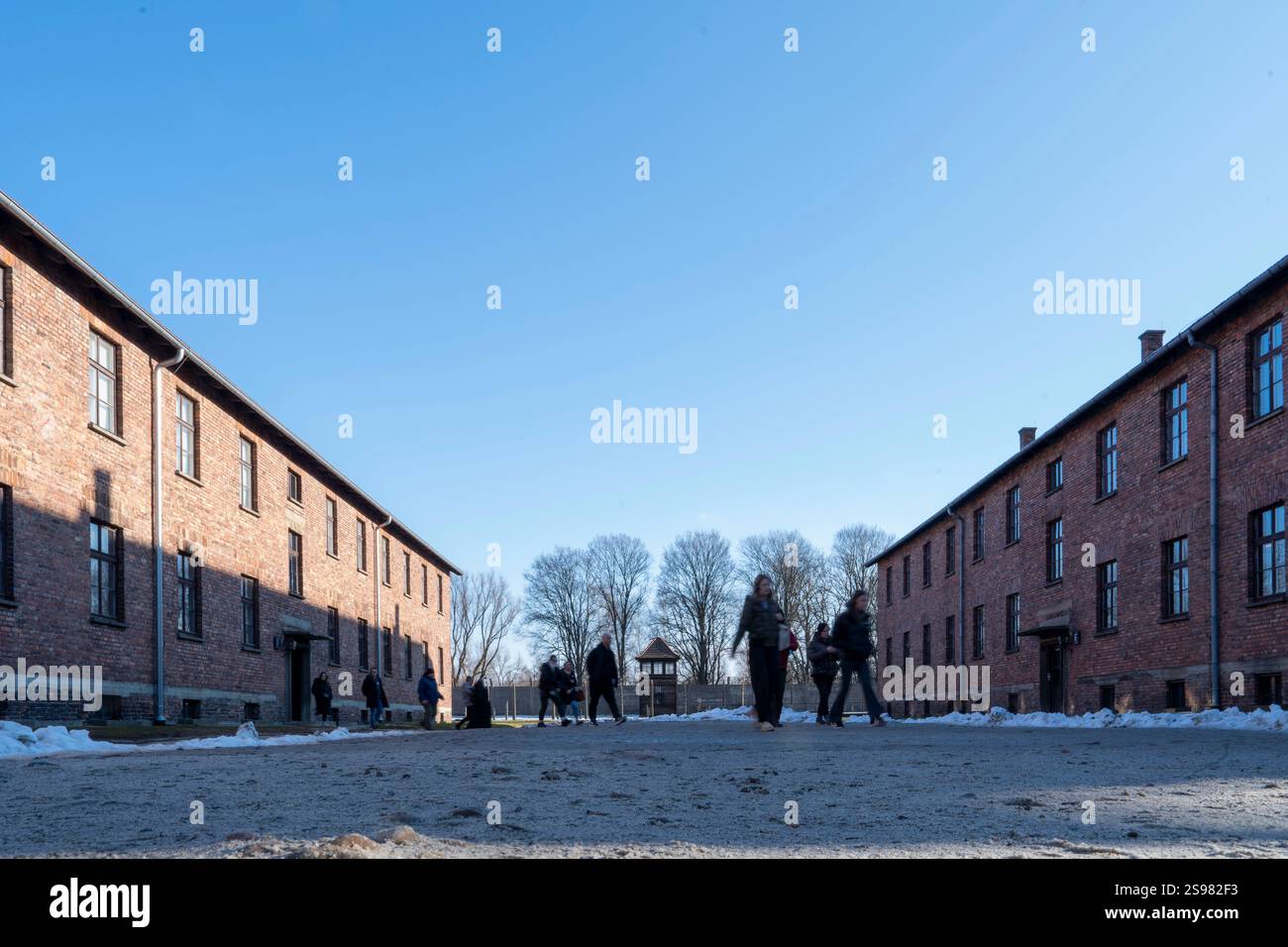 (250125) -- OSWIECIM, 25. Januar 2025 (Xinhua) -- Menschen besuchen das Konzentrationslager Auschwitz in Oswiecim, Polen, 24. Januar 2025. Der 80. Jahrestag der Befreiung des Konzentrationslagers Auschwitz fällt am 27. Januar 2025. Das Vernichtungslager des Zweiten Weltkriegs wurde 1940 von den Nazis gegründet. Schätzungen zufolge sind im Lager mindestens 1,1 Millionen Menschen ums Leben gekommen. Das Konzentrationslager wurde am 27. Januar 1945 von der sowjetischen Armee befreit, einem Tag, der zum Internationalen Holocaust-Gedenktag wurde. (Xinhua/Zhang Kun) Stockfoto