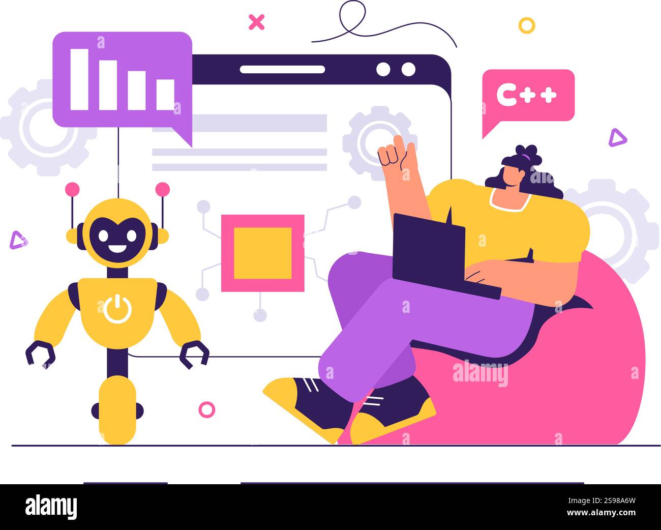 Illustration eines Roboters zur Programmierung eines Vektors mit künstlicher Intelligenz, der mit einer digitalen Datenschnittstelle für fortschrittliche Technologie interagiert Stock Vektor