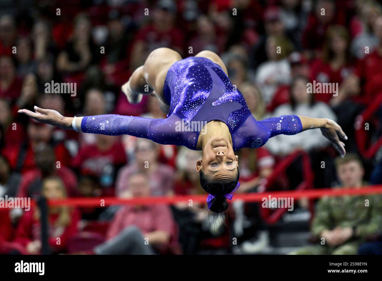 LSU gymnast Haleigh Bryant competes on the floor against Arkansas during an NCAA gymnastics meet on Friday, Jan. 24, 2025, in Fayetteville, Ark. (AP Photo/Michael Woods) Stockfoto