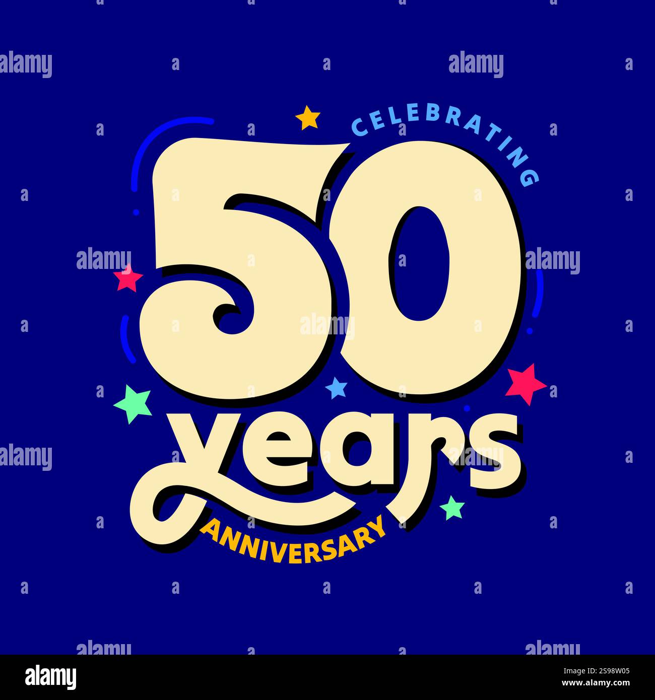 50 Jahre Jubiläum Logo mit moderner Typografie und bunten Sternen Elemente Vektor Illustration. 50 Jahre Geburtstag, Hochzeitszeremonie oder Firma 50 Stock Vektor