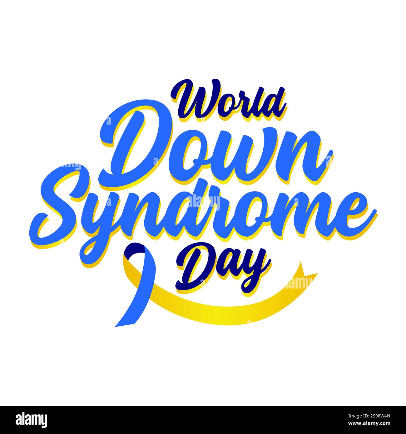 Grußkarte mit Schriftzug zum Tag des World Down Syndroms und einem Bandsymbol. Vektortext, Aufkleber, Etikett, Tag. Das Down-Syndrom ist eine genetische Erkrankung Stock Vektor
