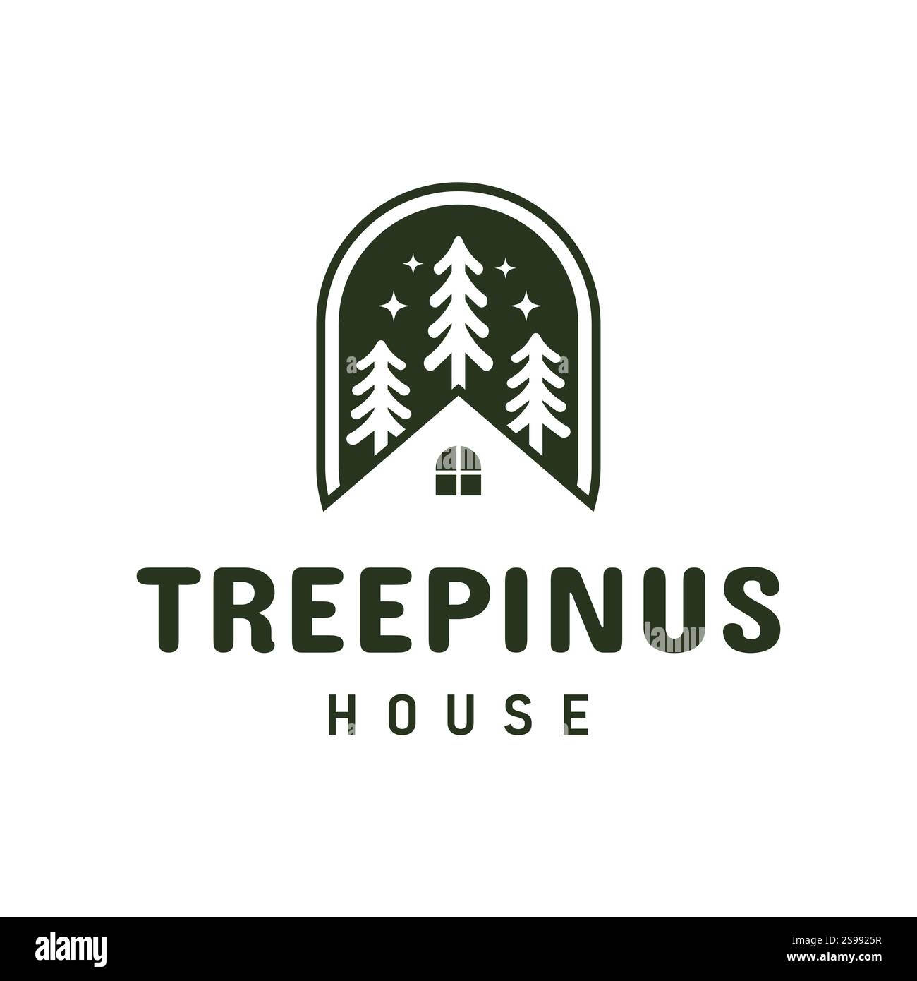 Diese Vektor-Logo-Design-Vorlage zeigt Kiefern und ein einfaches Haus, ein minimalistisches und elegantes Logo-Design im Waldstil. Stock Vektor