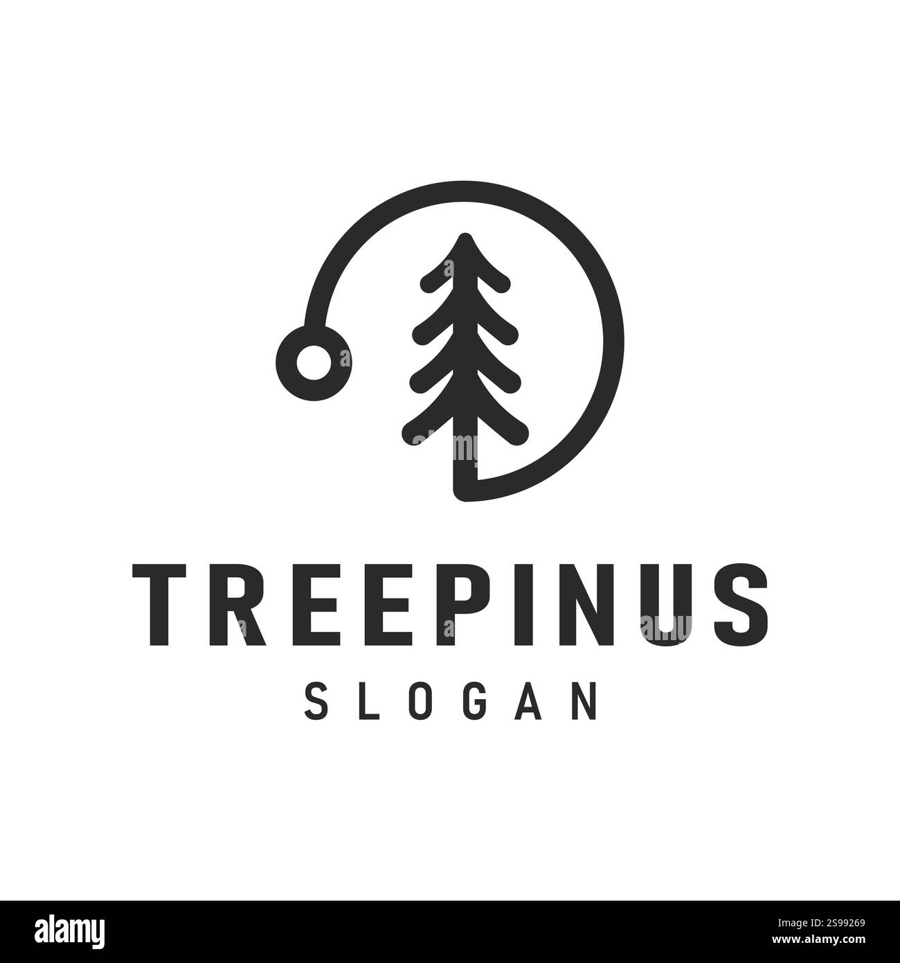 Minimalistisches Design-Logo mit Kiefernbaumsymbol in einem Kreis aus einfachen Linien. Geeignet für Marken, die sich auf Natur, Wald oder Umwelt konzentrieren. Stock Vektor