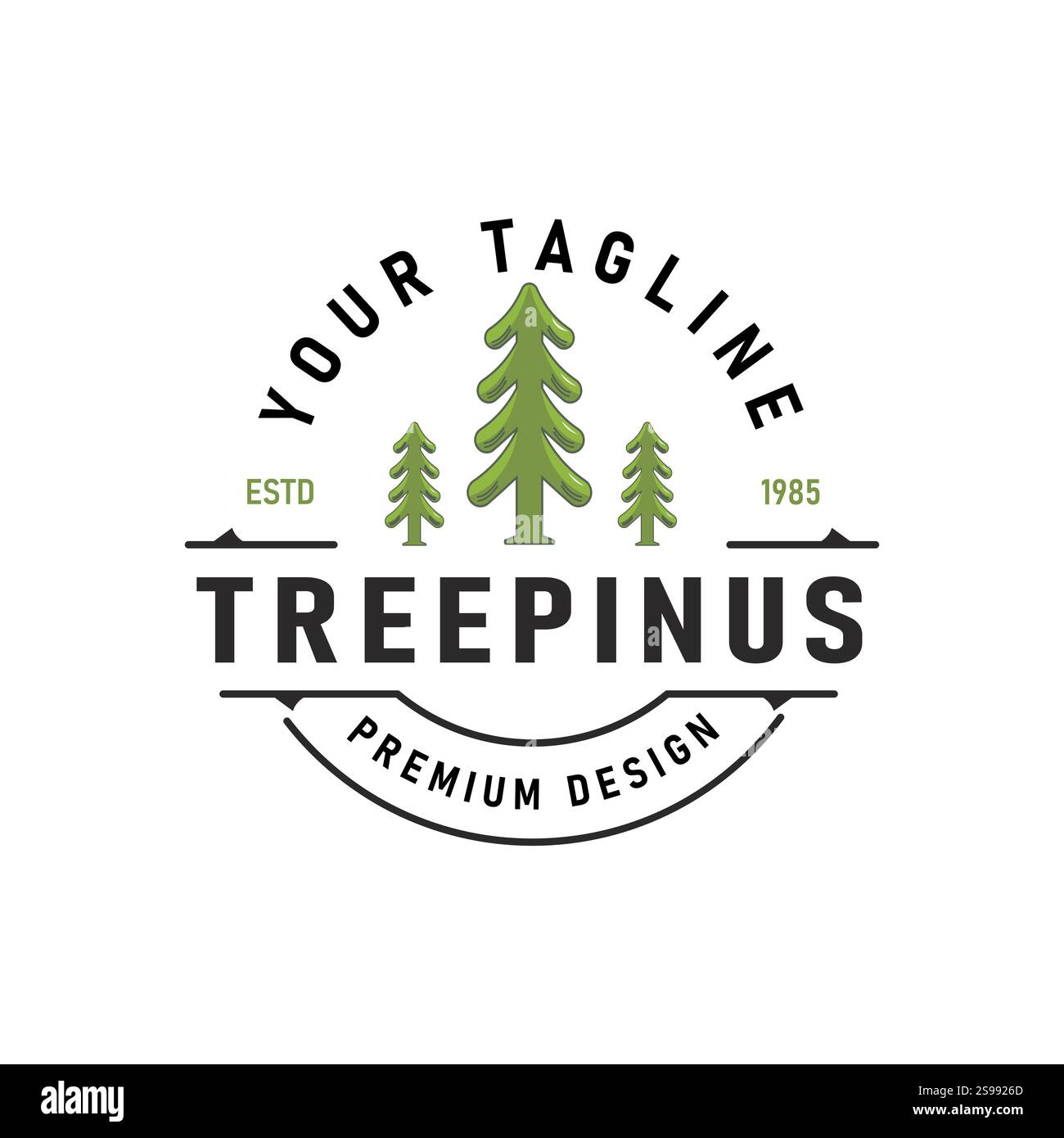 Silhouette von drei Kiefern ähnlich wie Fichte. Holzwald Logo Design Retro Classic Vintage Illustration Label Abzeichen Stock Vektor