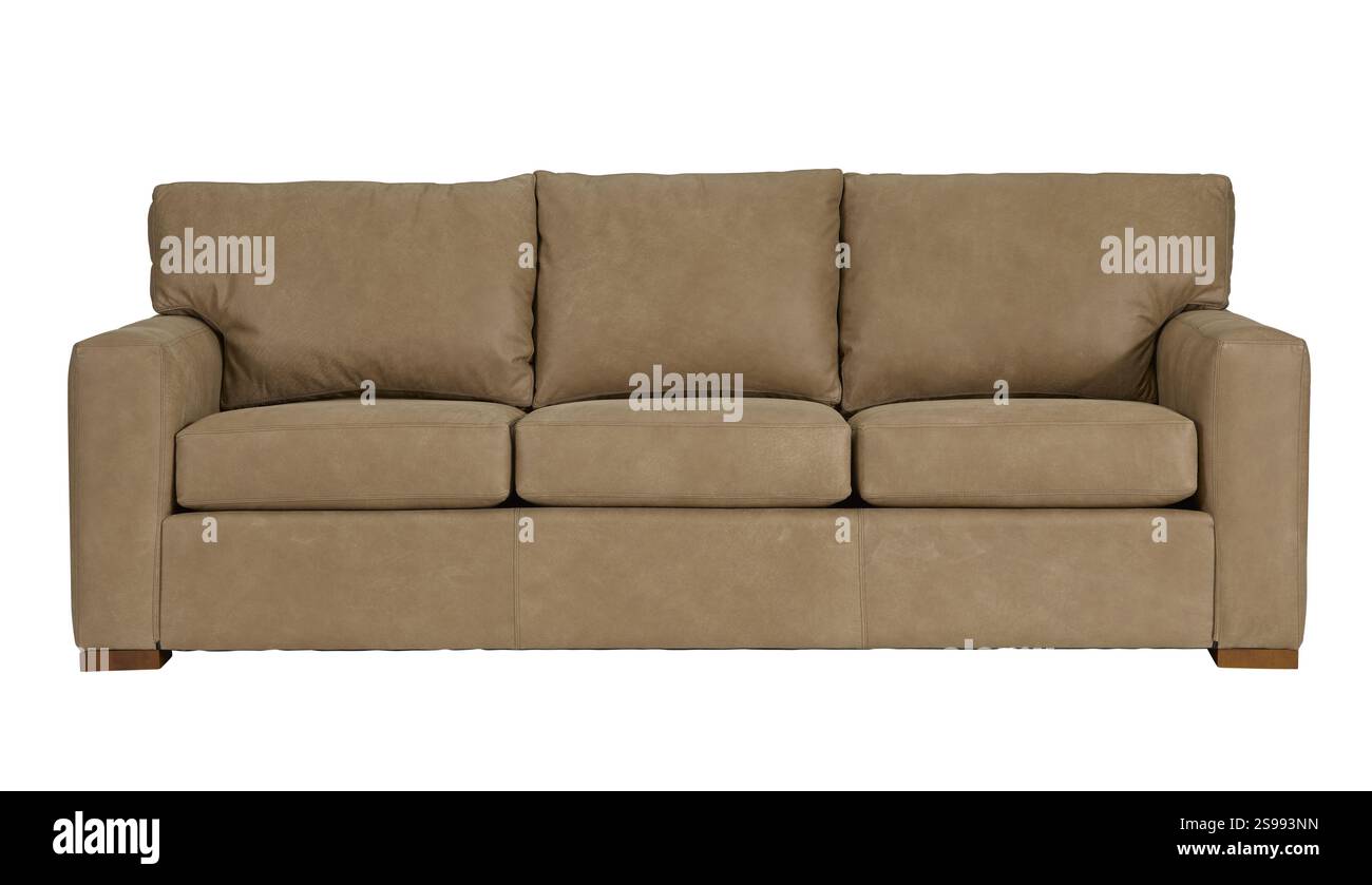 Modernes Ledersessel-Sofa isoliert auf weißem Hintergrund + Schneideweg. Möbel, Innenausstattung. Stockfoto