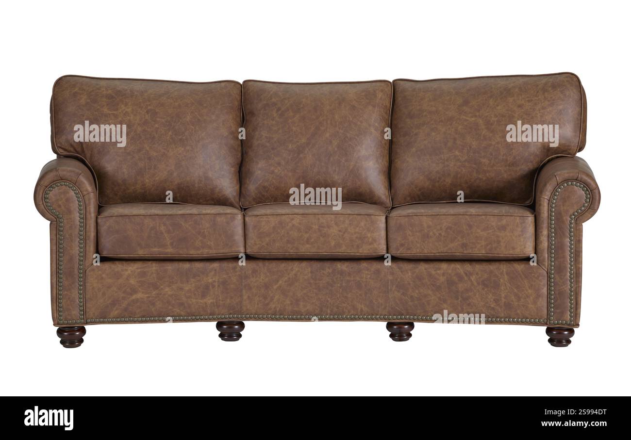 Modernes Ledersessel-Sofa isoliert auf weißem Hintergrund + Schneideweg. Möbel, Innenausstattung. Stockfoto