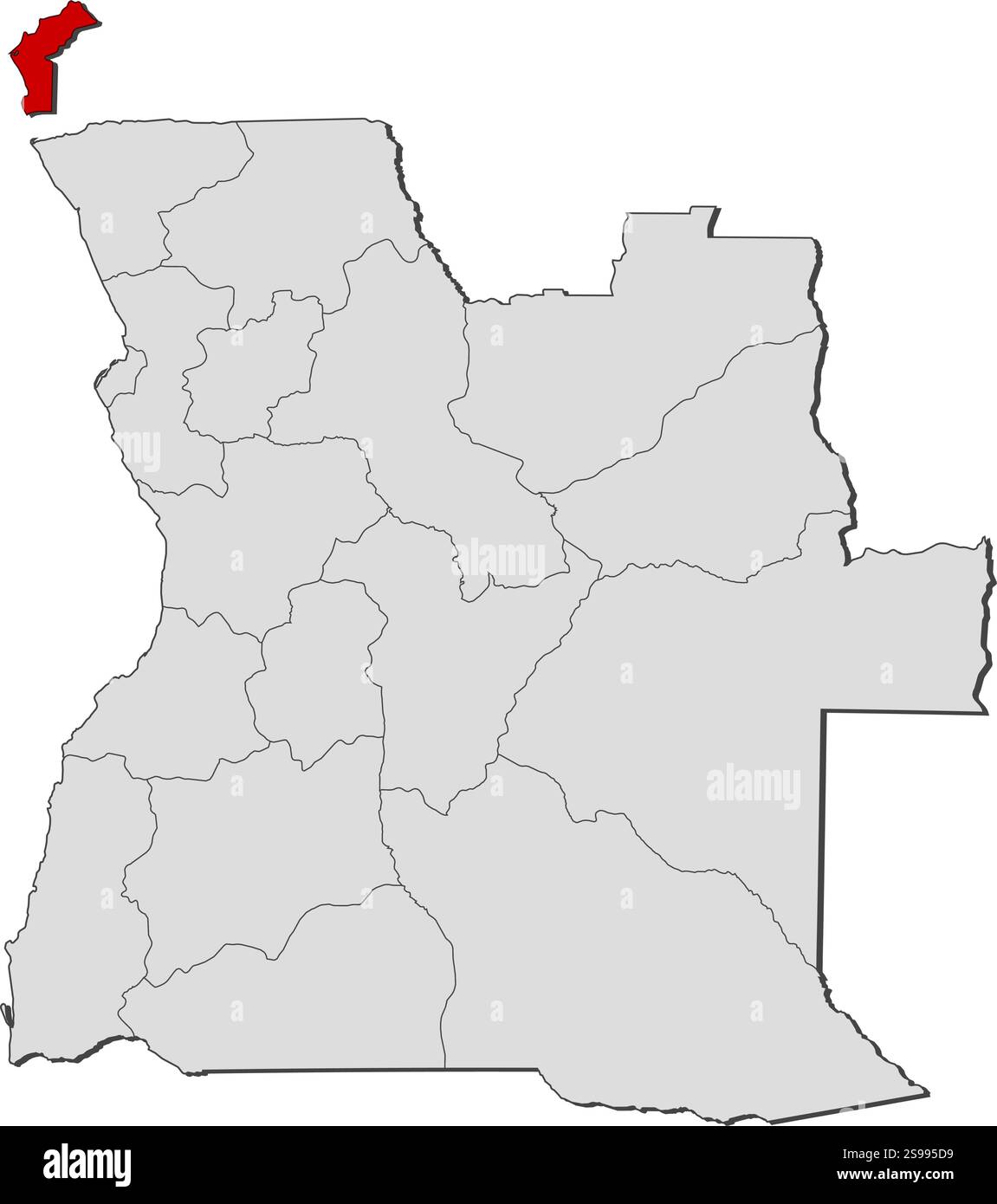 Karte von Angola mit den Provinzen, Cabinda ist hervorgehoben. Stock Vektor