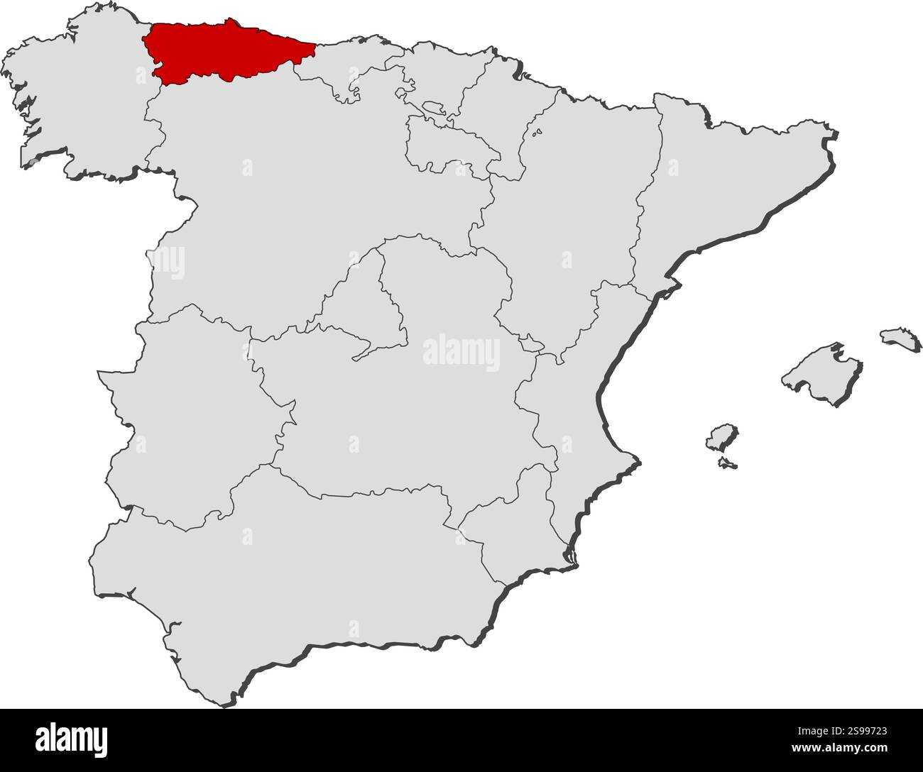 Karte von Spanien mit den Provinzen, Asturien ist hervorgehoben. Stock Vektor
