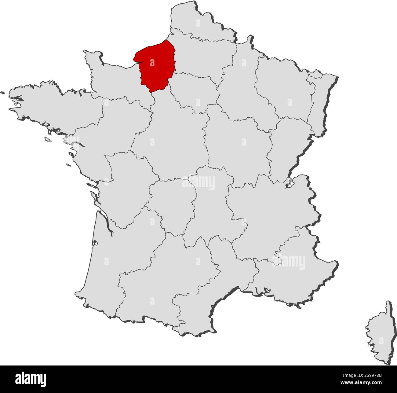 Karte von Frankreich mit den Provinzen, Obernormandie ist hervorgehoben. Stock Vektor