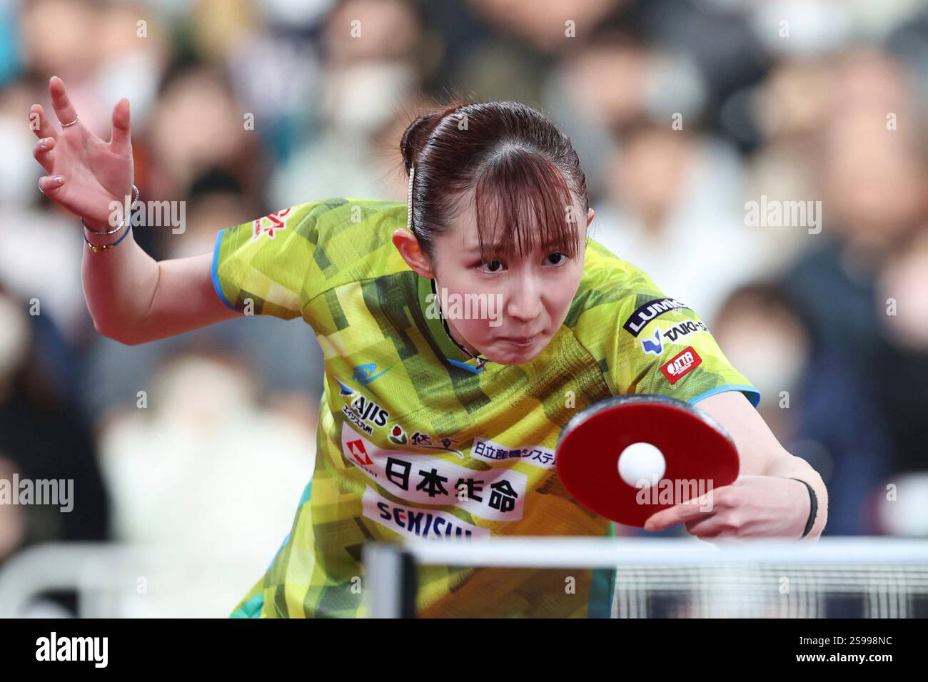 Hina Hayata hits a ball during the women's singles quarterfinals at All ...