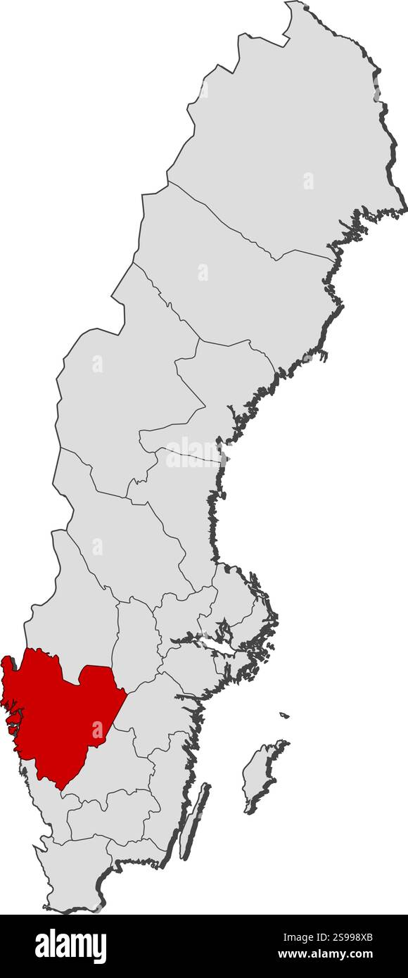 Karte von Schweden mit den Provinzen, Västra Götaland County ist hervorgehoben. Stock Vektor