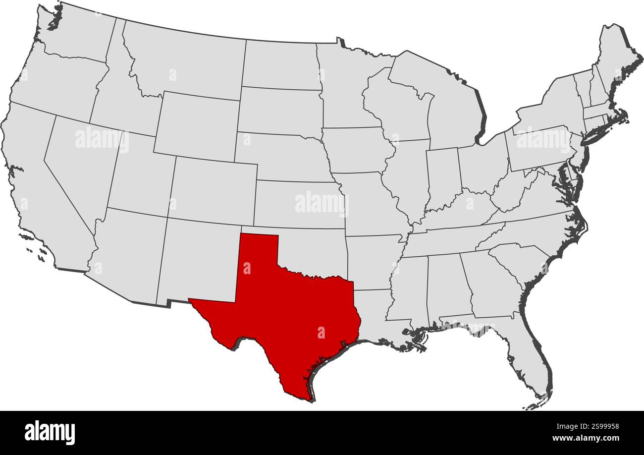 Karte der Vereinigten Staaten mit den Provinzen, Texas ist hervorgehoben. Stock Vektor