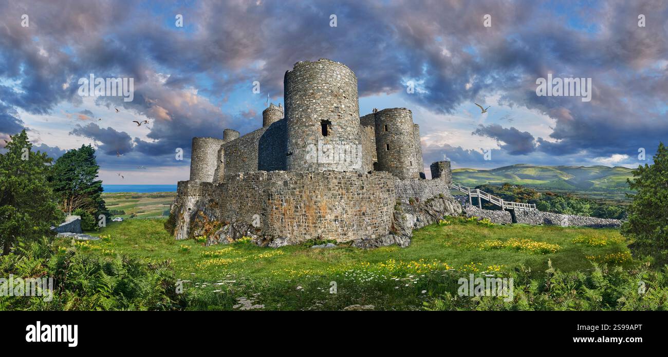 Foto von Harlech Castle, Wales. Harlech Castle ist eine mittelalterliche Burg, die auf der 200 Fuß (61 m) hohen Felswand mit Blick auf das Meer erbaut wurde Stockfoto