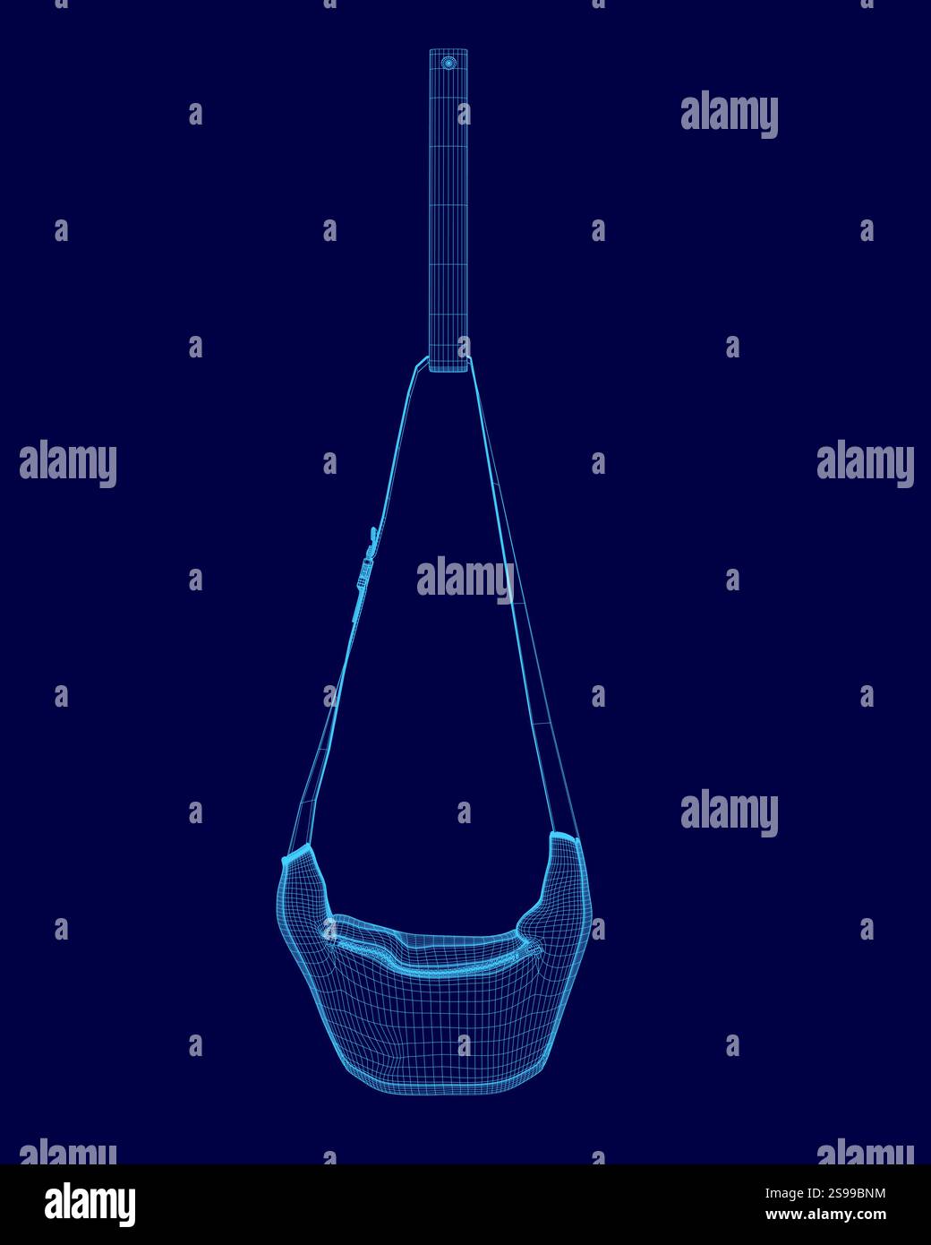 Blaues Bild einer Geldbörse mit blauem Griff. Die Geldbörse wird im 3D-Format mit blauem Hintergrund angezeigt. Die Tasche hängt an einem Haken und am Griff Stock Vektor