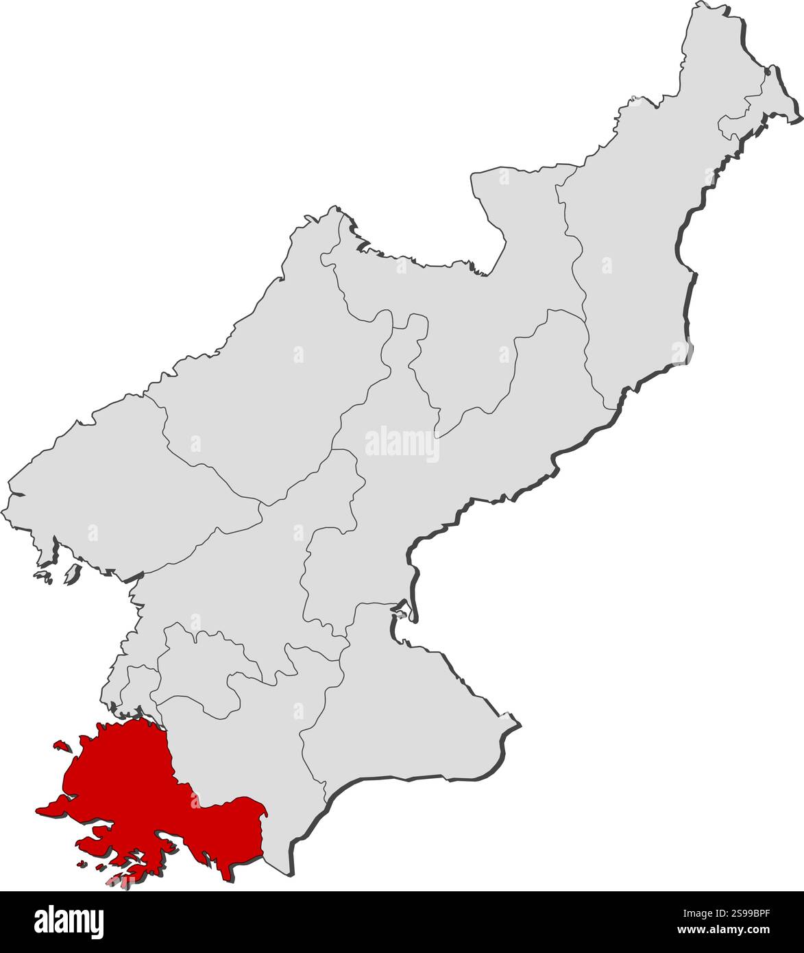 Karte von Nordkorea mit den Provinzen, Süd-Hwanghae ist hervorgehoben. Stock Vektor