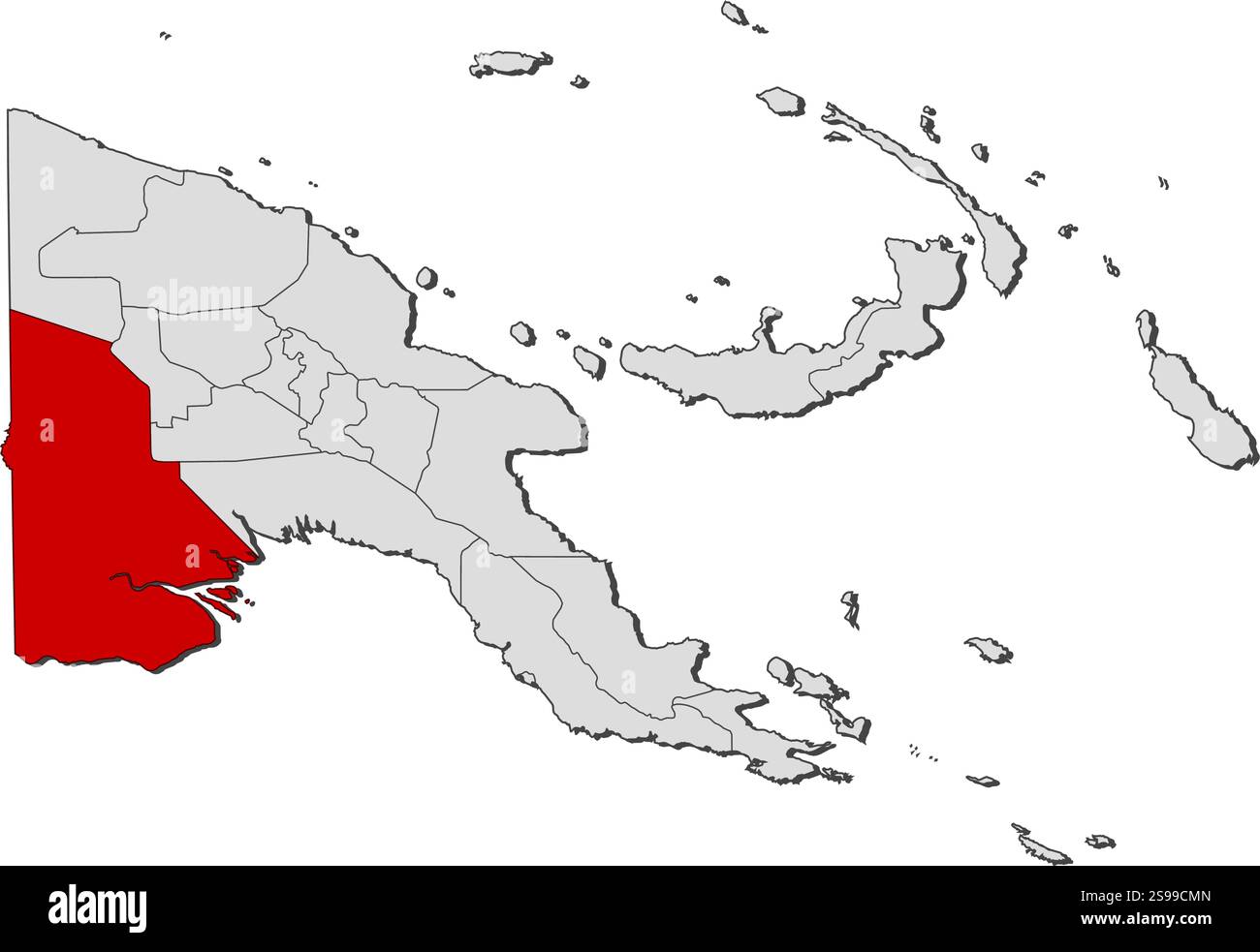Karte von Papua-Neuguinea mit den Provinzen, West ist hervorgehoben. Stock Vektor