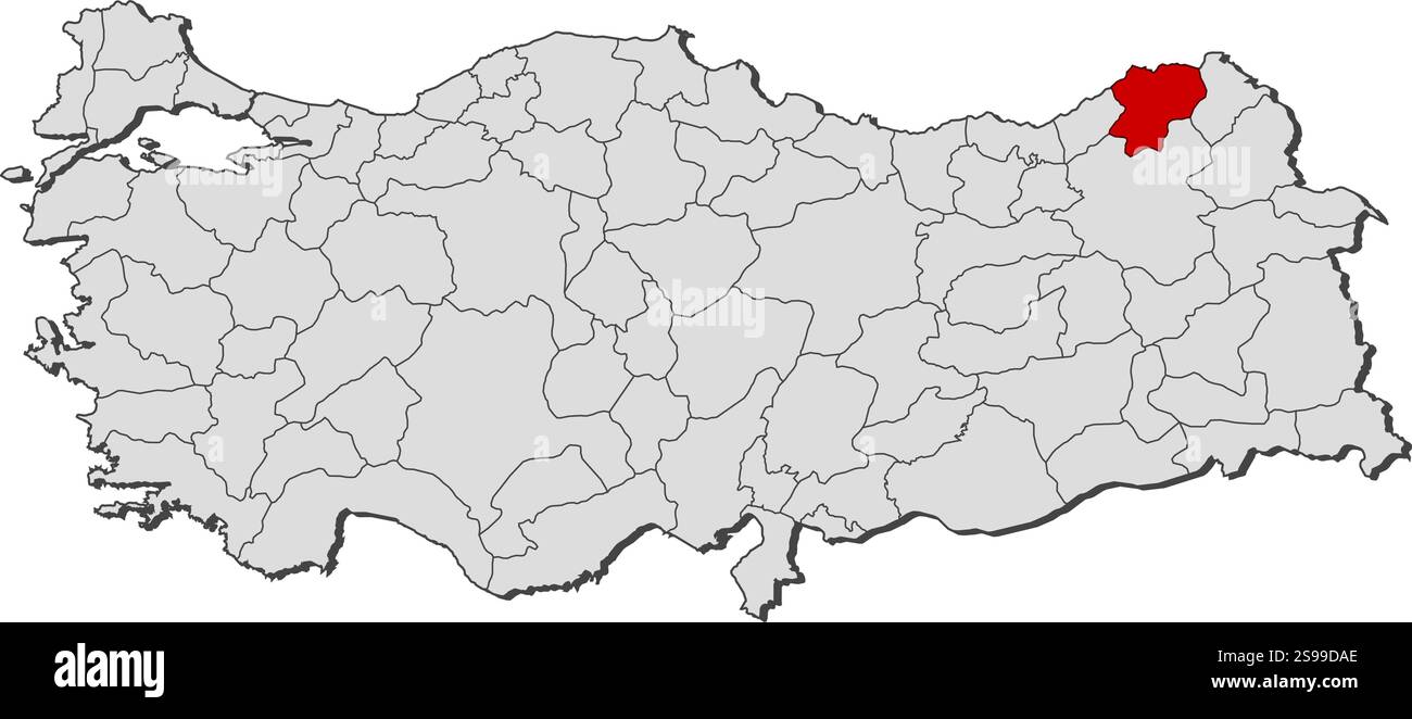 Karte der Türkei mit den Provinzen, Artvin ist hervorgehoben. Stock Vektor