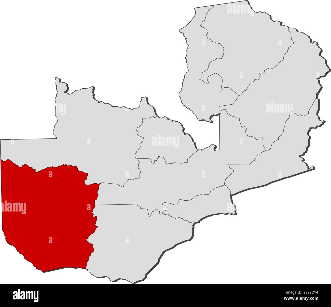 Karte von Sambia mit den Provinzen, Western ist hervorgehoben. Stock Vektor