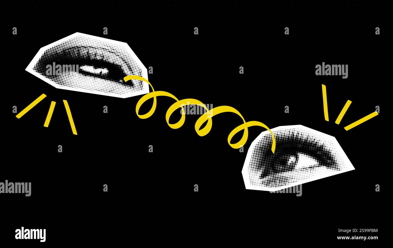 Zwei Augen, die sich im Vektor-Halbton-Collage-Stil anschauen. Zeitgenössisches Werbebanner für Marketing Stock Vektor