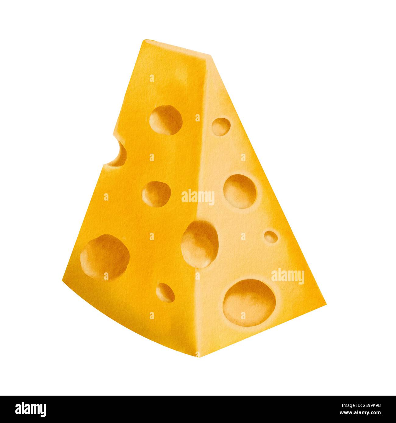 Ein Stück Käse mit großen Löchern. Maasdam traditionelle Küche. Dreieckiges Stück. Behandlung für Mäuse. Aquarellabbildung. Isoliert vom Stockfoto