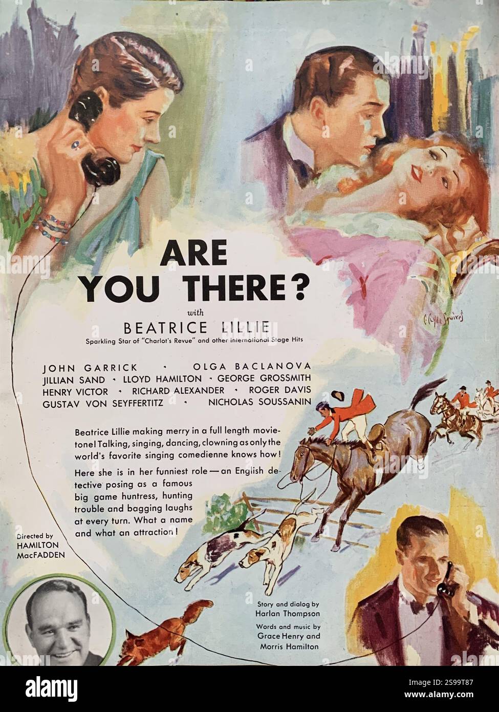 BEATRICE LILLIE JOHN GARRICK UND OLGA BACLANOVA SIND SIE DA? 1930 Regisseur HAMILTON MacFadden Story and Dialogue Harlan Thompson Worte und Musik Grace Henry und Morris Hamilton Promotional Artwork aus dem Jahrbuch der Fox Film Corporation für die kommenden Filme für 1930–1931 Stockfoto