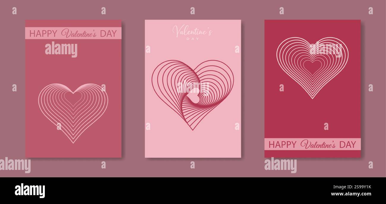 Valentinstag-Set-Karte. Modernes Drahtmodell-Herz-Symbol. Minimalistisches Weihnachtsposter in rosa Pastelltönen. Konzept für Banner, Flyer, Partyeinladungen Stock Vektor