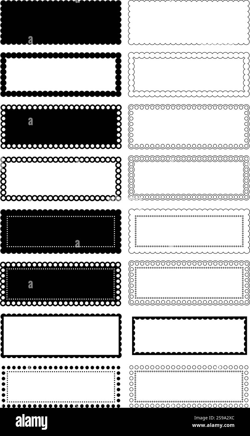 Satz von 16 isolierten dekorativen Vektoren mit gewellten Rechtecken, mit einem Verhältnis von 1 zu 3, für Designs, Rechteckrahmen, Vektoretiketten. Vektor-Clipart Stock Vektor