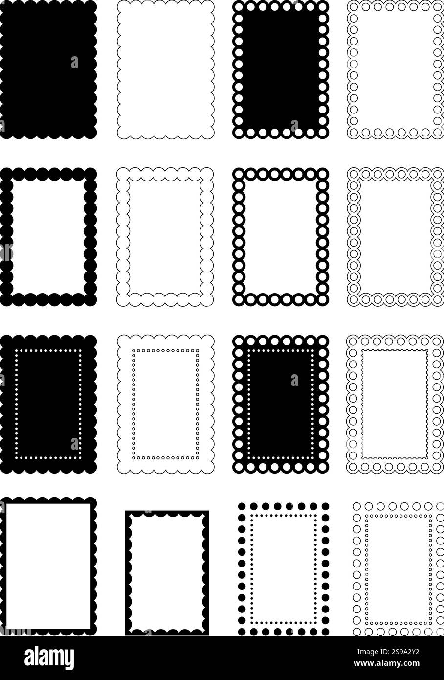 Satz von 16 isolierten dekorativen Vektor-gewellten rechteckigen Vorlagen im Verhältnis 2 zu 3, für Design, rechteckige Ränder und Rahmen, Vektor-Clip-Art Stock Vektor