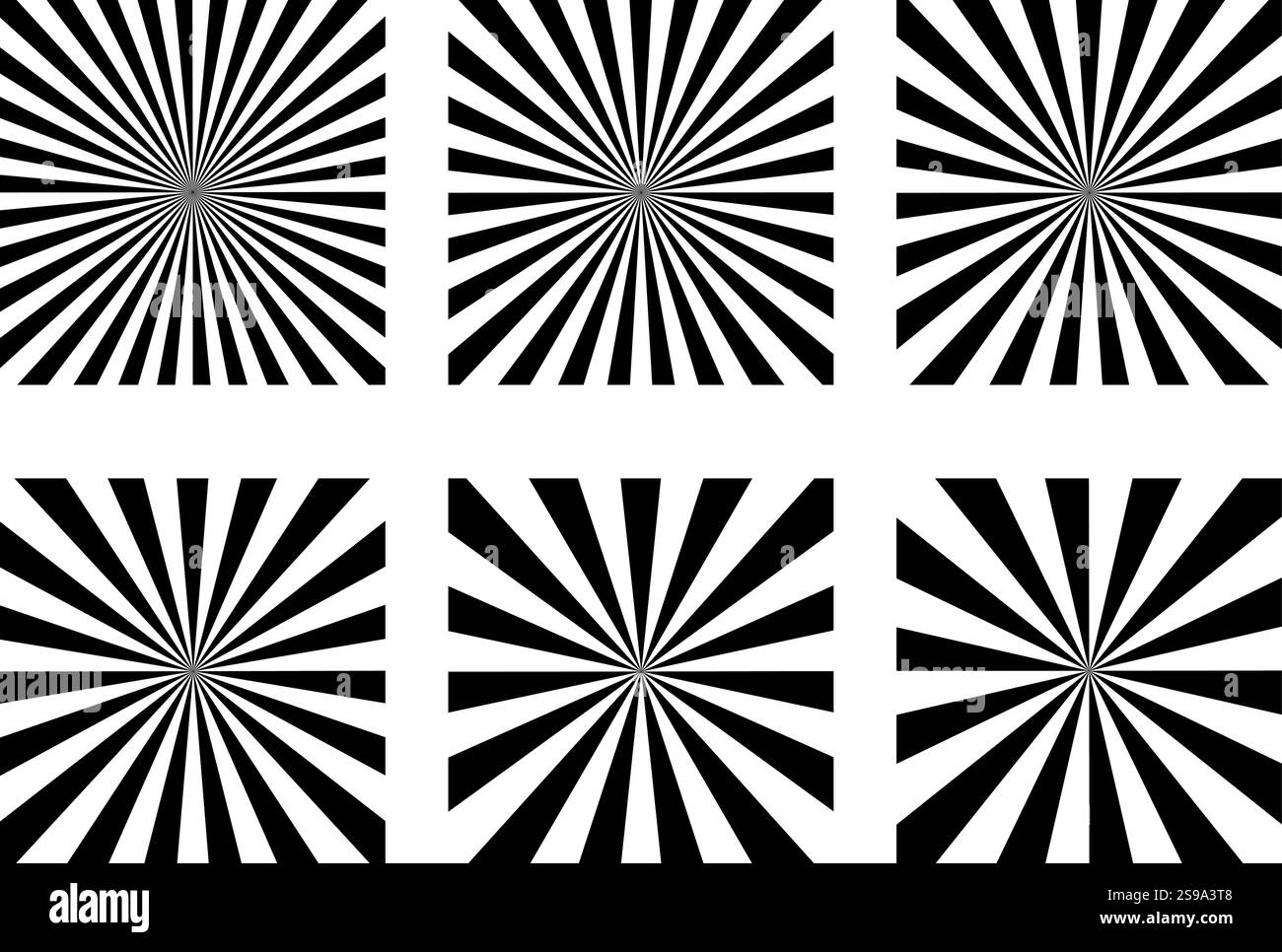 Satz von 6 Vektorbearbeitbaren und skalierbaren Sonnenstrahlen, Sonnenstrahlen, Strahlen, Sonnenstrahlen, psychedelische, OP Art, flaches Design. 6 verschiedene Varianten. Isoliert. EPS. Stock Vektor