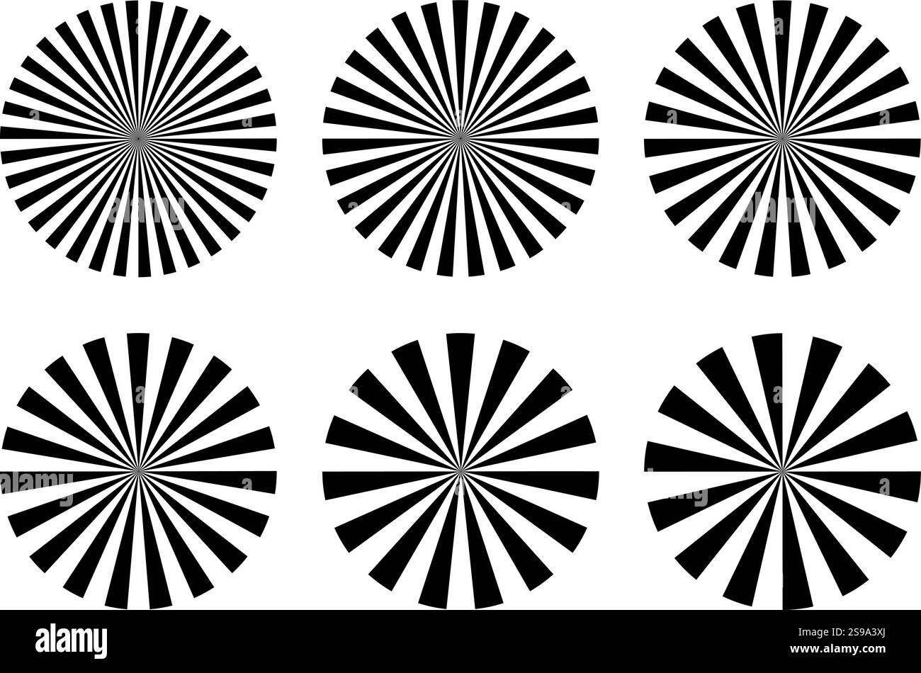 Kreise. Set aus 6 bearbeitbaren Radialkreisen des Vektors Sonnenstrahl. 6 verschiedene Varianten. Retro, psychedelisch. Optische Täuschung. Isolierte EPS-Datei Stock Vektor