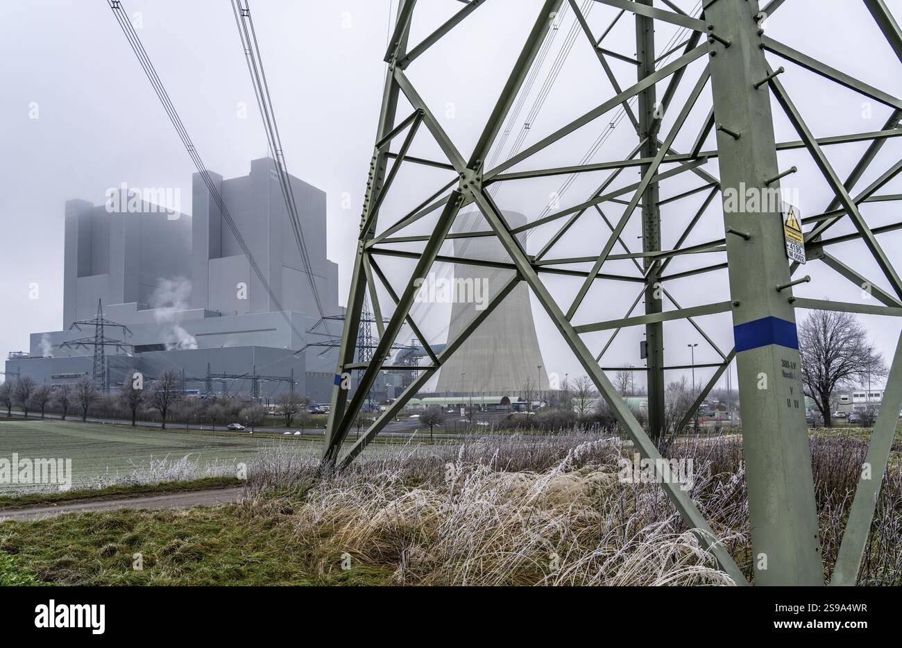 RWE Braunkohlekraftwerk Neurath, bei Grevenbroich, Kraftwerksblöcke F und G, 380 KV Hochspannungsleitung im Nebel, gefrorene Vegetation, Nordrhein-W Stockfoto