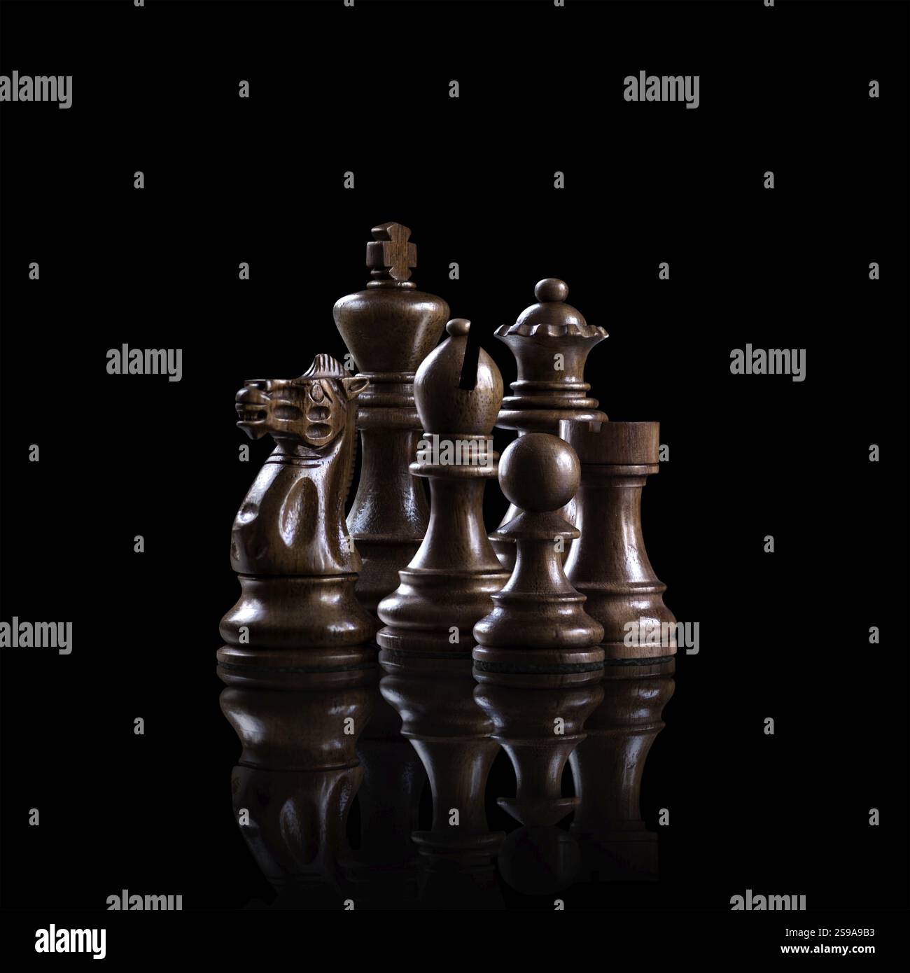 Strategie und Führungskonzept, schwarze Holzfiguren, die als Familie vor dunklem Hintergrund spielbereit stehen Stockfoto