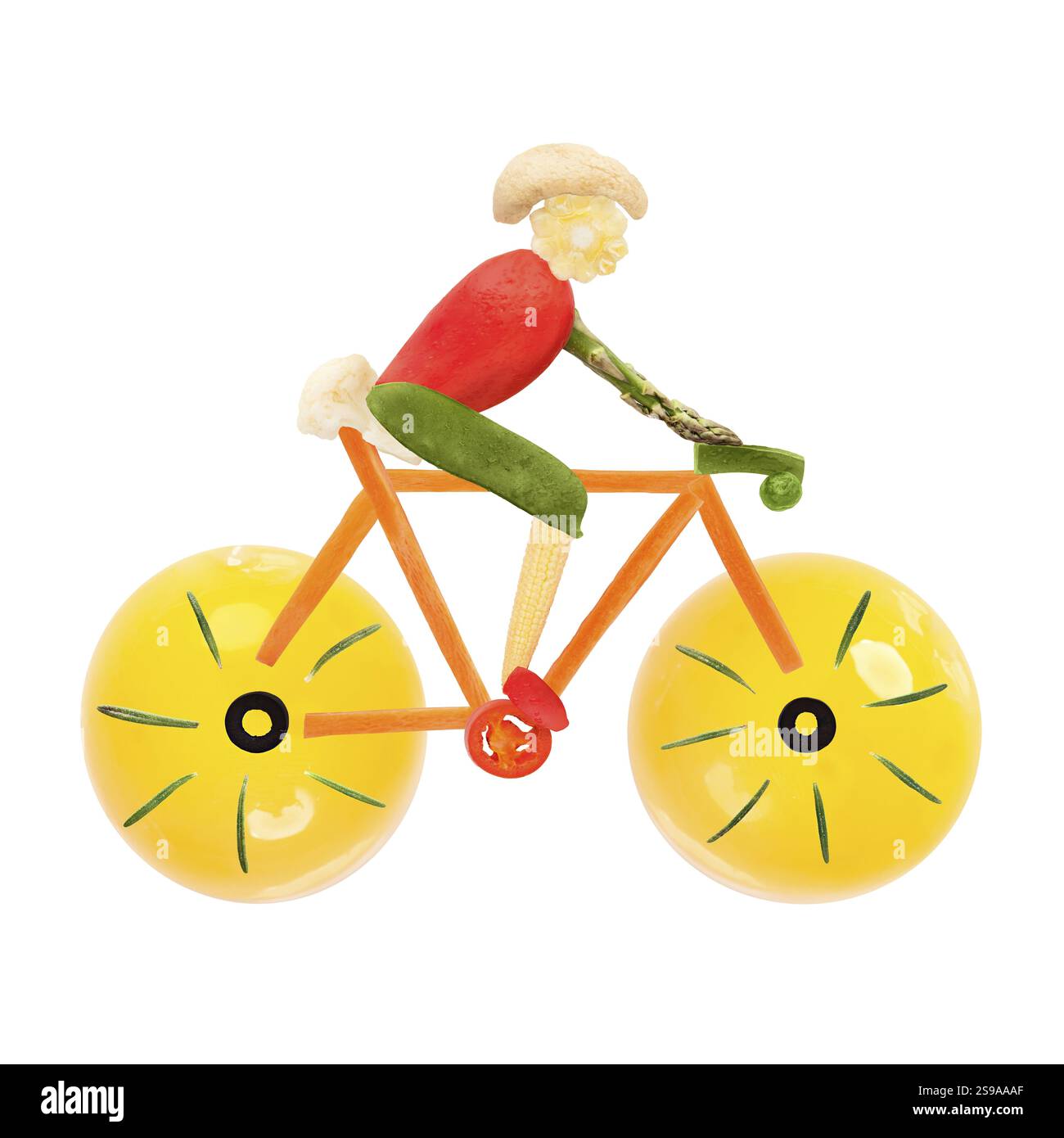 Obst und Gemüse in Form eines männlichen Radfahrers auf einem Rennrad Stockfoto