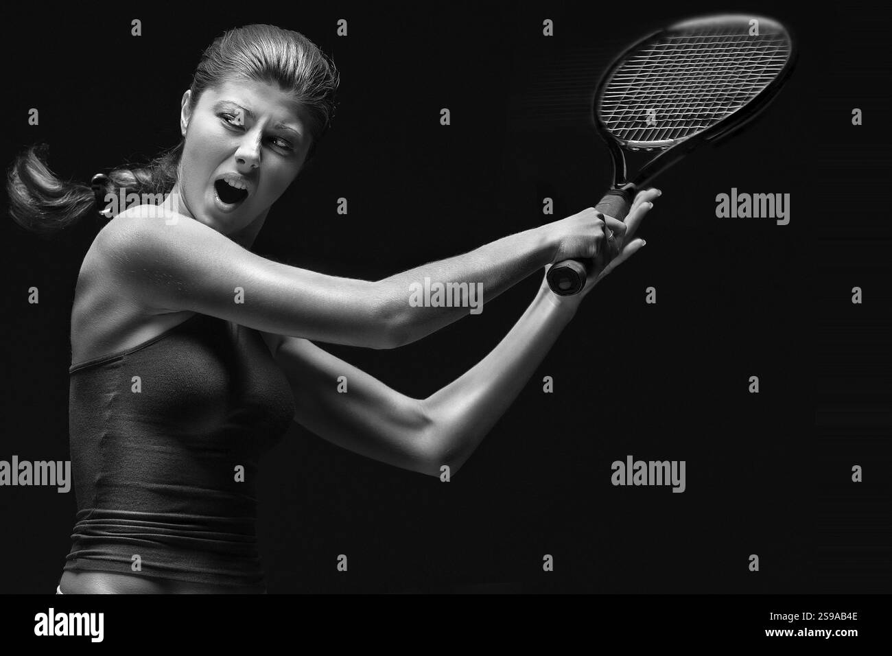 Porträt eines Tennisspielers mit Schläger, Russland, Europa Stockfoto