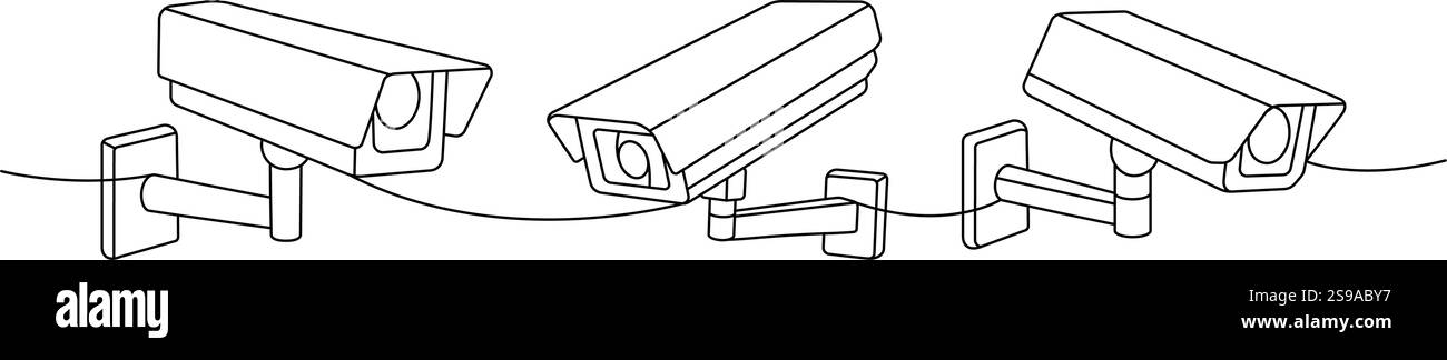 CCTV-Videokameras, einzeilige kontinuierliche Zeichnung. Externes Heimsicherheitssystem. Vektorabbildung. Stock Vektor
