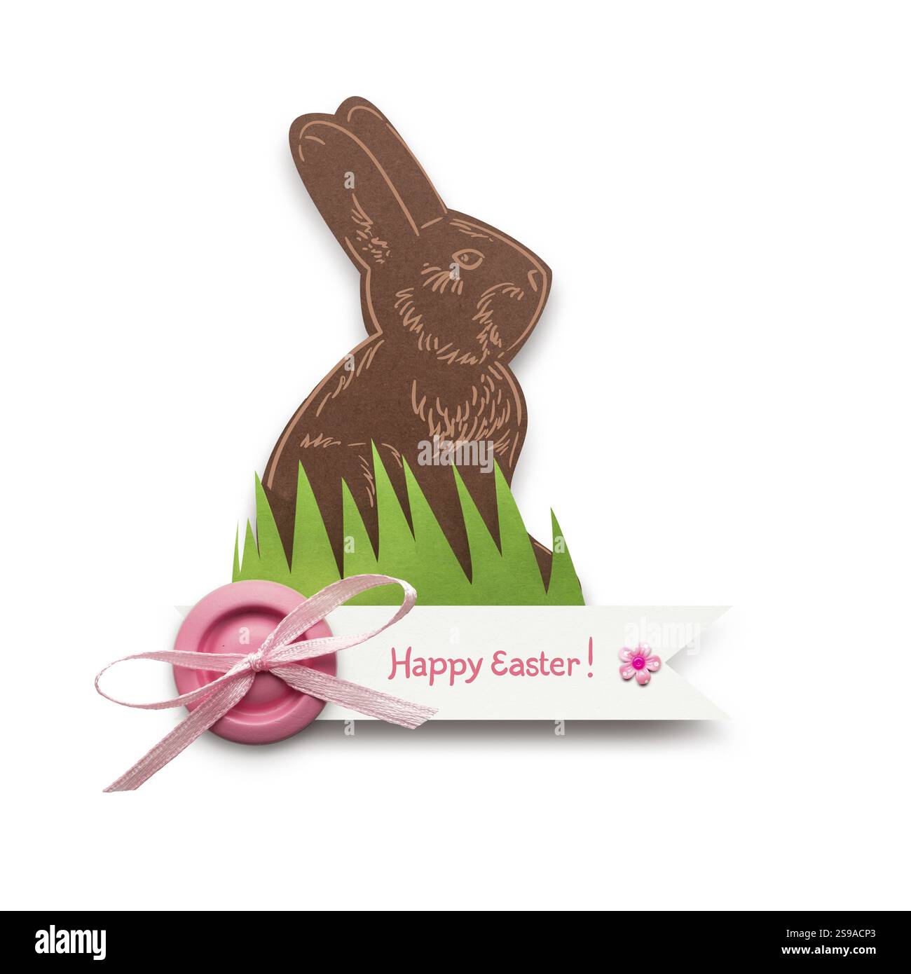Kreatives Osterkonzeptfoto eines Kaninchens auf dem Gras aus Papier auf weißem Hintergrund Stockfoto