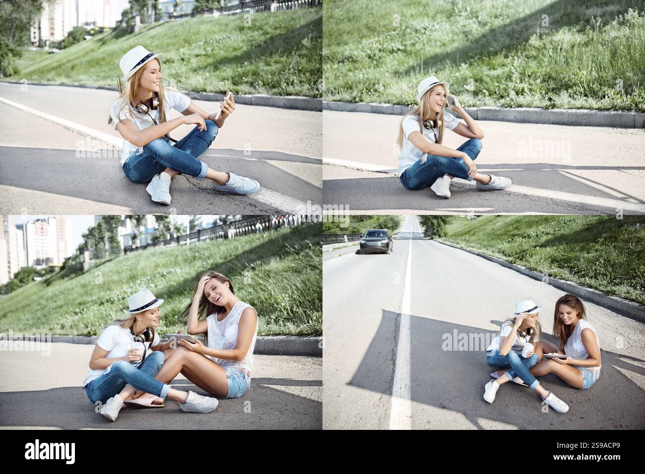 Eine Bilderserie von zwei attraktiven jungen Frauen, die auf der Straße sitzen, mit Kaffee zum Mitnehmen und mit einem Telefon, Selfies machen und im Internet surfen Stockfoto