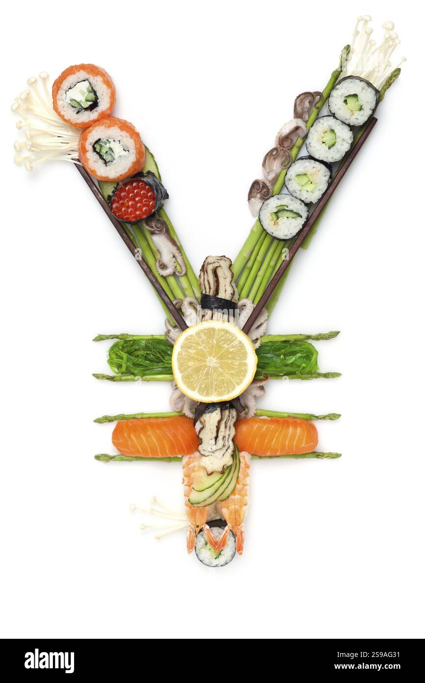 Ein Stillleben mit einem Sushi-Yen-Zeichen Stockfoto