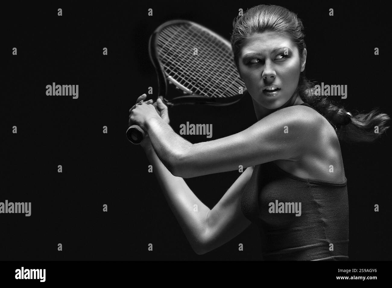 Porträt eines Tennisspielers mit Schläger, Russland, Europa Stockfoto