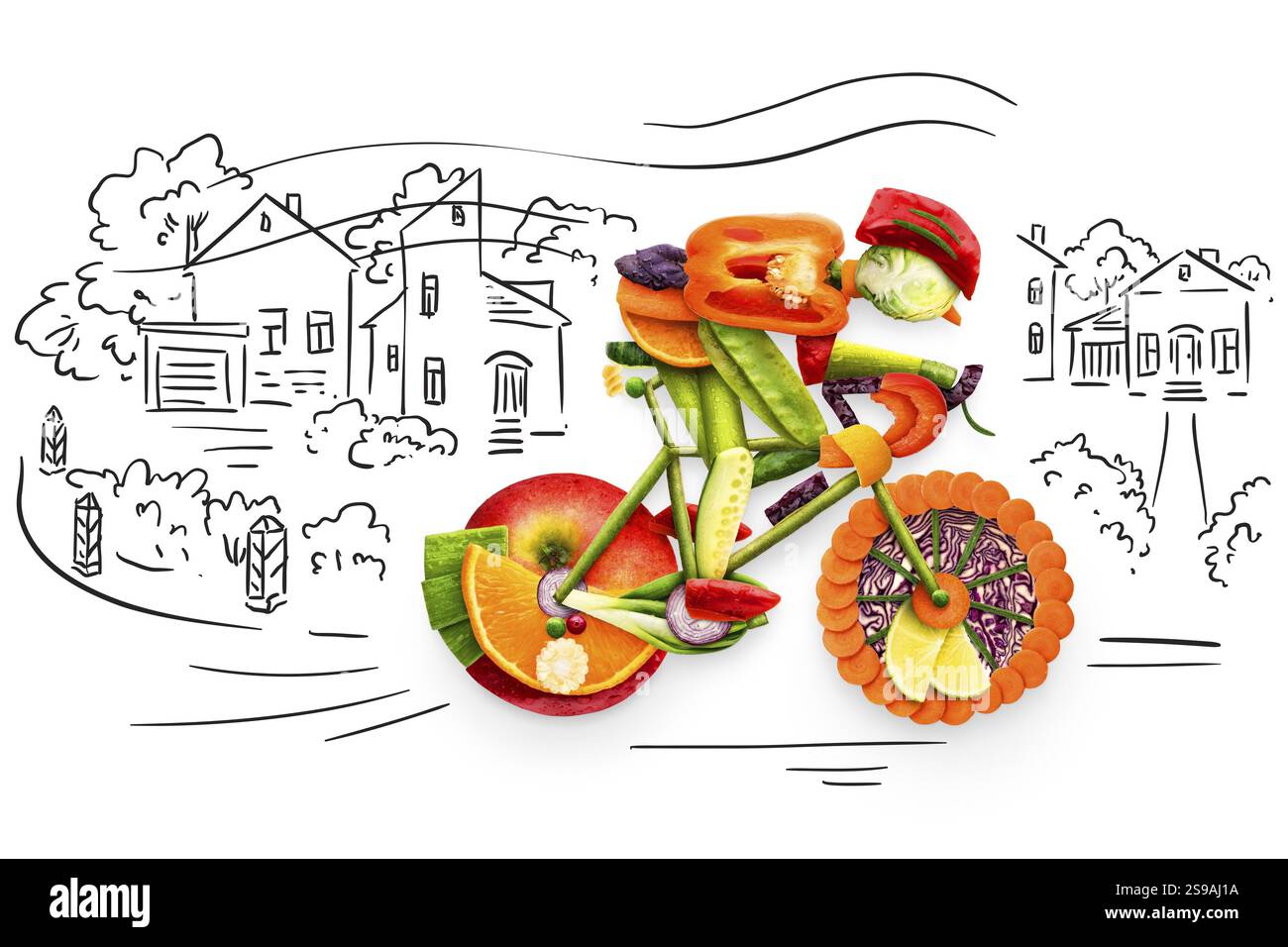 Gesundes Ernährungskonzept eines Radfahrers auf einem Fahrrad aus frischem Gemüse und Obst auf skizzenhaftem Hintergrund Stockfoto