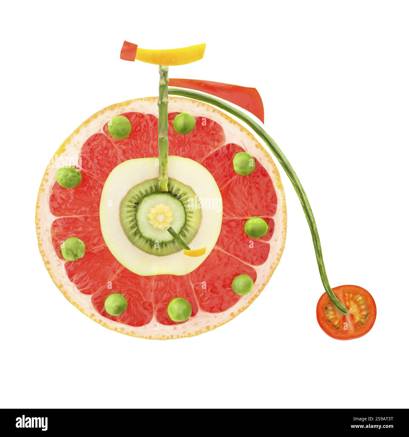 Obst und Gemüse in Form eines alten Hochradfahrrads Stockfoto